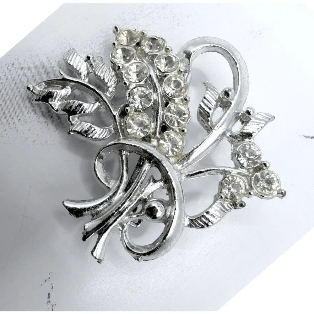 Vintage Silver Tone Rhinestone Floral Bouquet Brooch Clear Stones 1.5 Inch